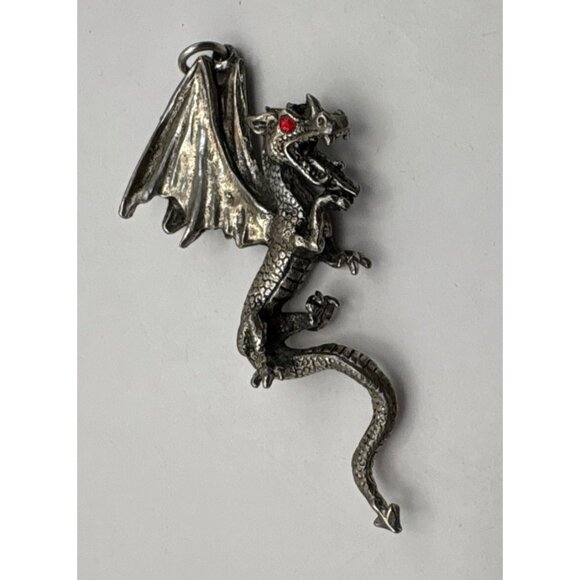 Silver Tone Large Dragon Pendant Charm Red Rhinestone Eye Mystical Fantasy - Picture 6 of 7